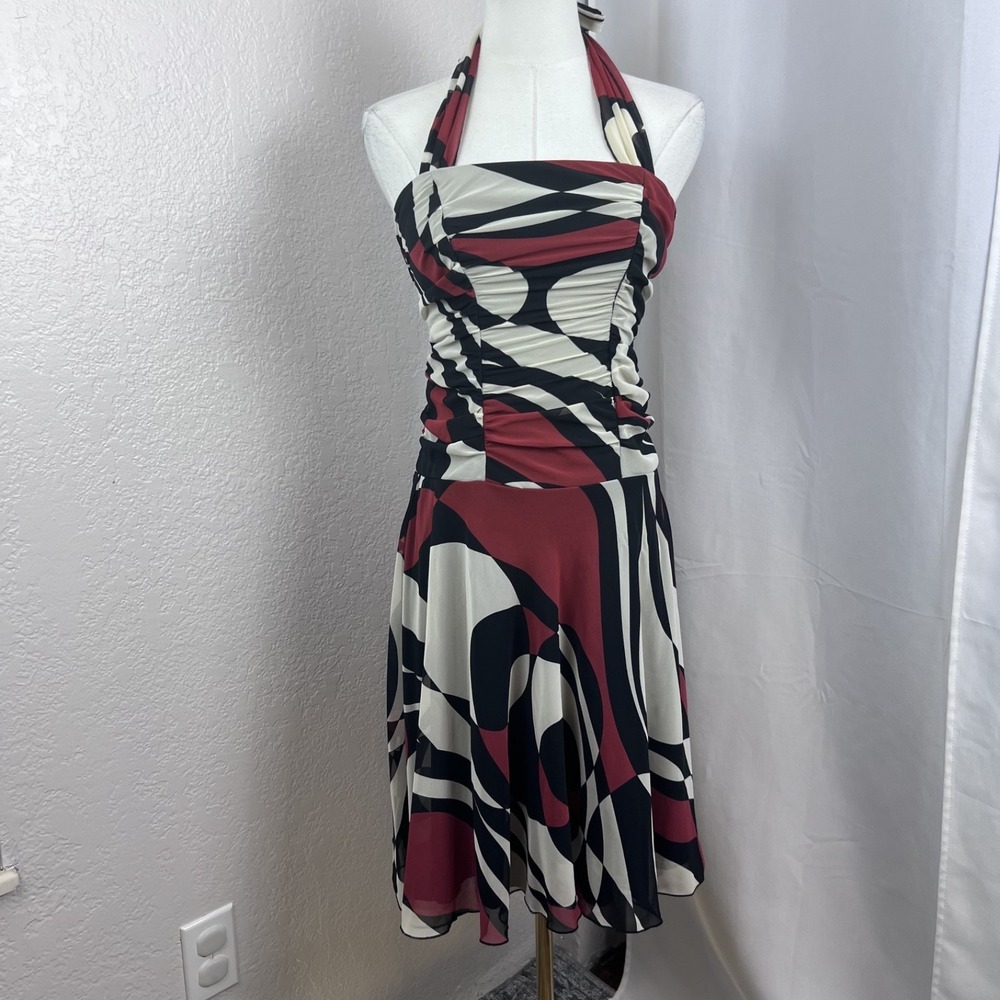 Vintage Y2K My‎ Michelle Midi Halter Dress Juniors 3/4 Geometric Retro Fit Flare
